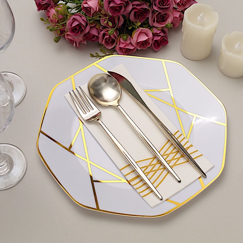 10" Octagon Dinner PLASTIC PLATES Gold Geometric Disposable Event Party Supplies - Picture 25 of 26