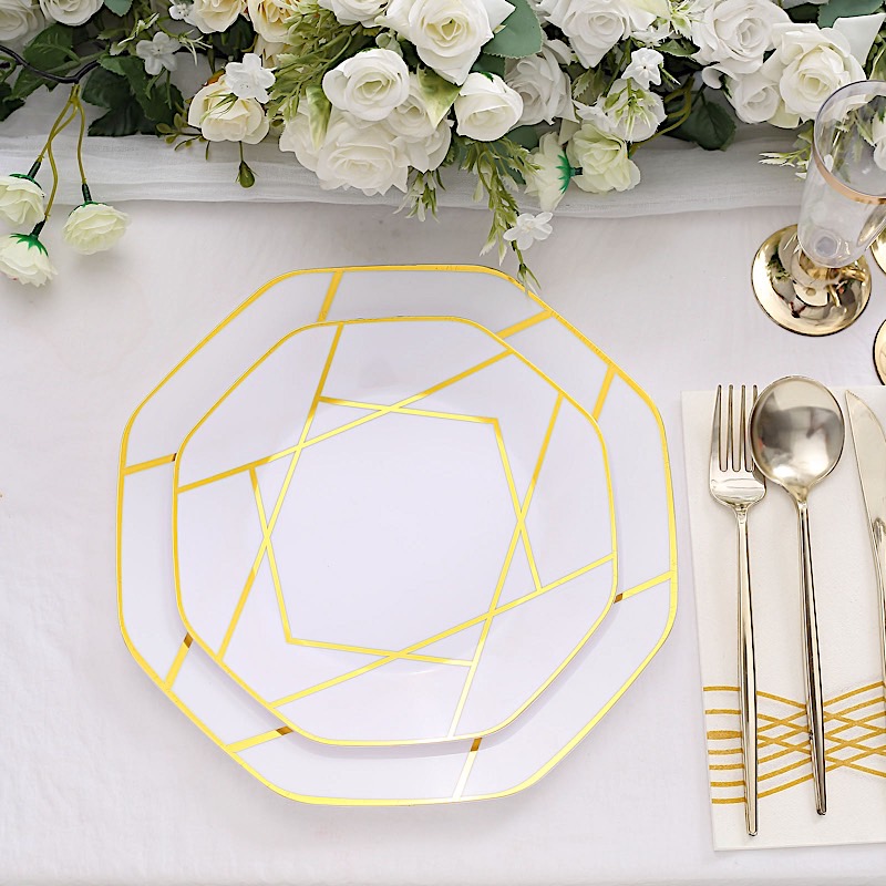 10" Octagon Dinner PLASTIC PLATES Gold Geometric Disposable Event Party Supplies - Picture 26 of 26
