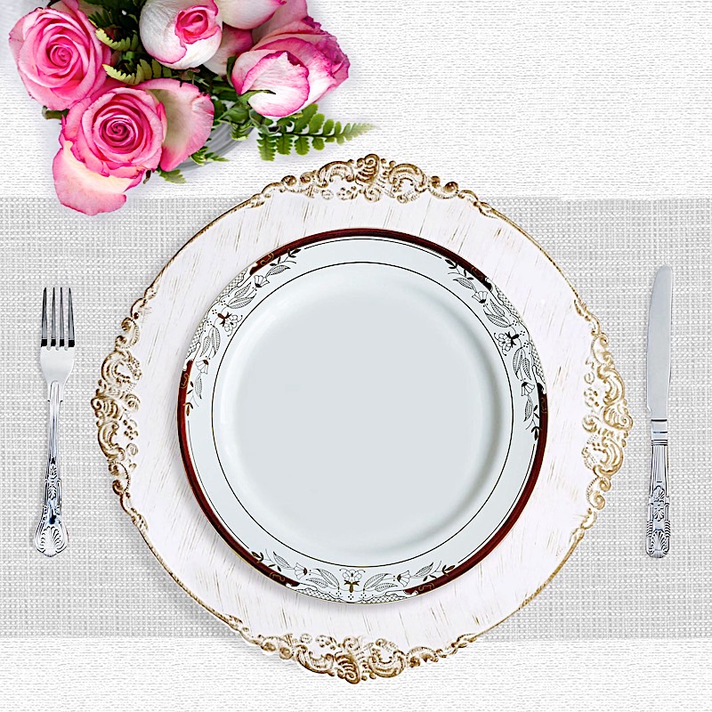 White Round 10″ Salad Plates Red Gold Trim Party Catering Disposable Supplies