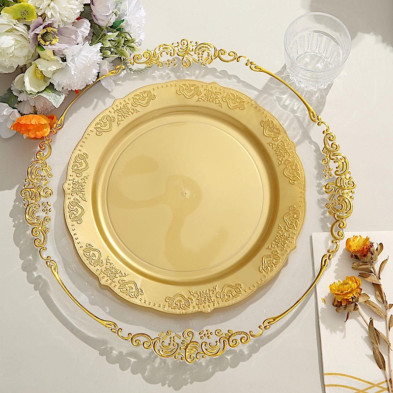 10 in Blush Round Salad Plates Gold Trim Wedding Party Disposable Supplies Bulk - Picture 11 of 16