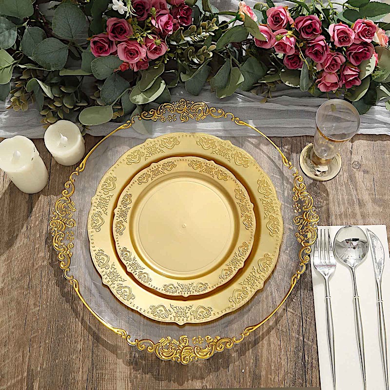 10 in Blush Round Salad Plates Gold Trim Wedding Party Disposable Supplies Bulk - Picture 12 of 16