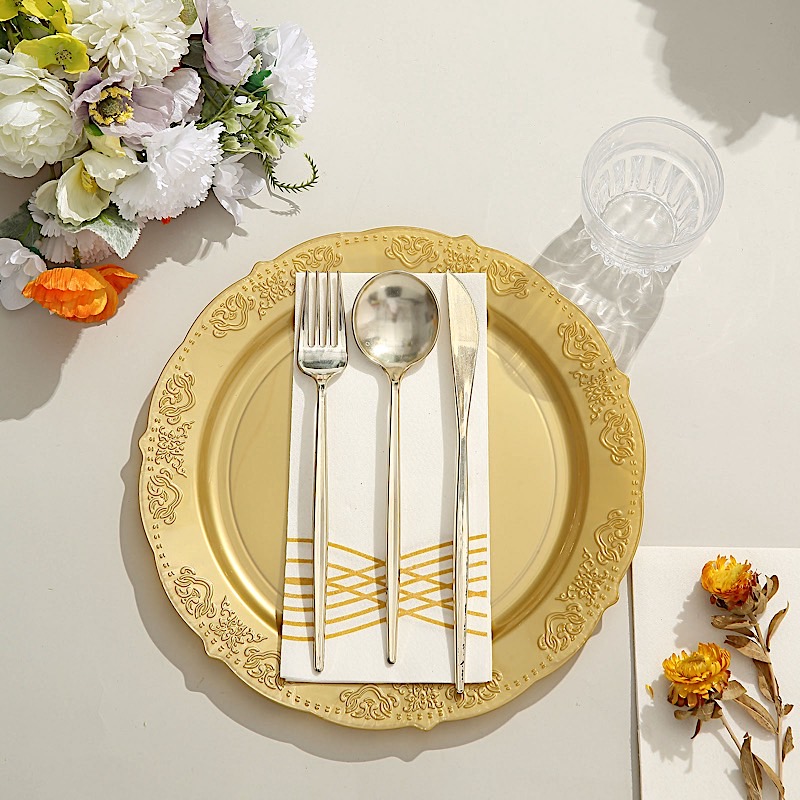 10 in Blush Round Salad Plates Gold Trim Wedding Party Disposable Supplies Bulk - Picture 14 of 16