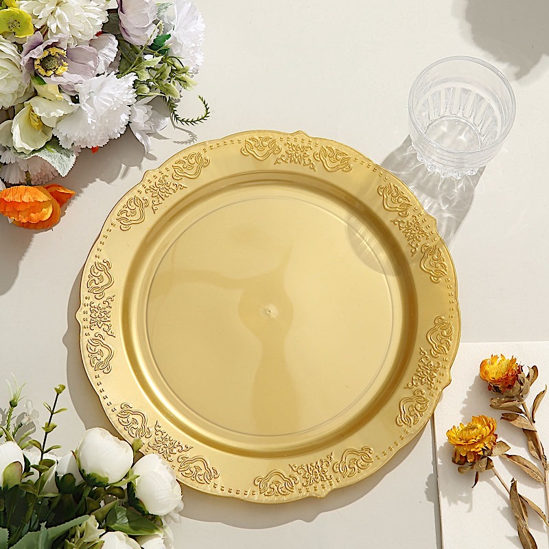 10 in Blush Round Salad Plates Gold Trim Wedding Party Disposable Supplies Bulk - Picture 15 of 16