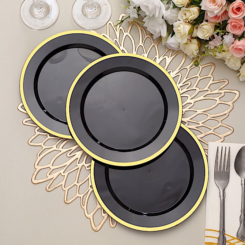 10 Round 7" Plastic Dinner Plates Gold Rim Party Events Wedding Tableware