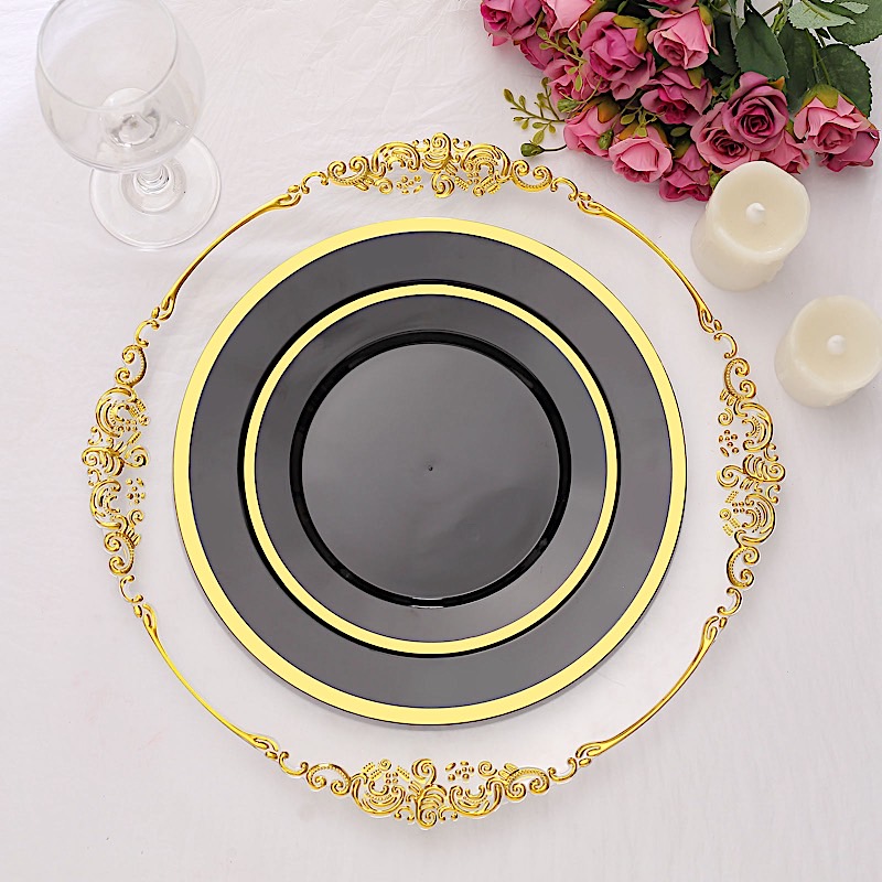 10 Round 7" Plastic Dinner Plates Gold Rim Party Events Wedding Tableware
