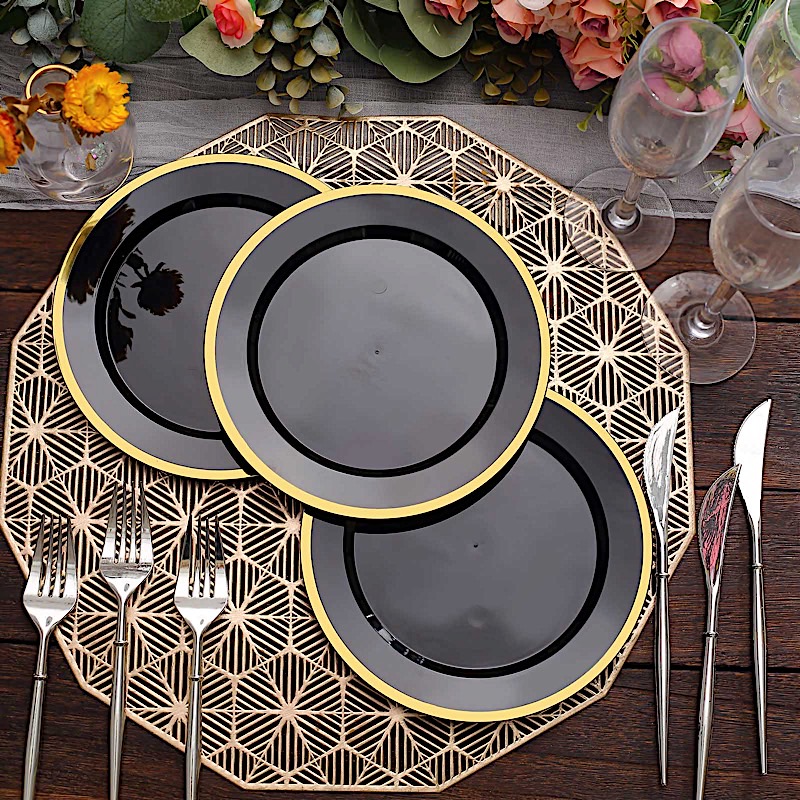 10 Round 7" Plastic Dinner Plates Gold Rim Party Events Wedding Tableware