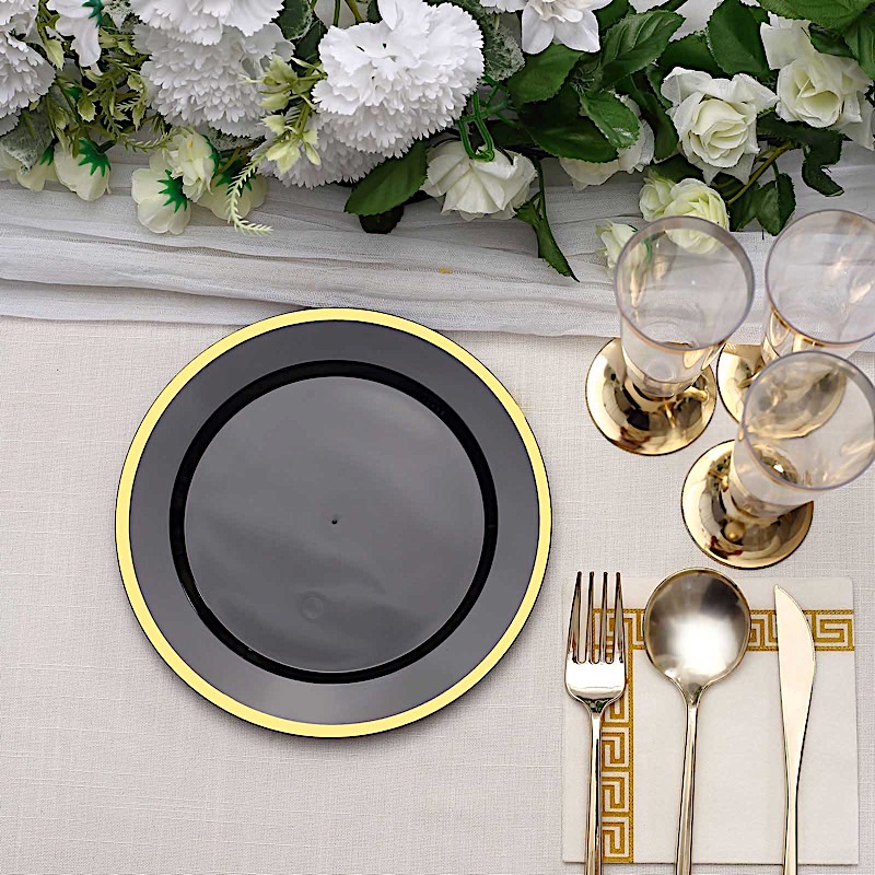 10 Round 7" Plastic Dinner Plates Gold Rim Party Events Wedding Tableware