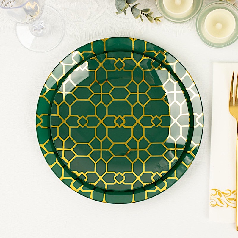 20 Round Disposable Salad Dinner Plastic PLATES Gold Geometric Design Events - Picture 10 of 26