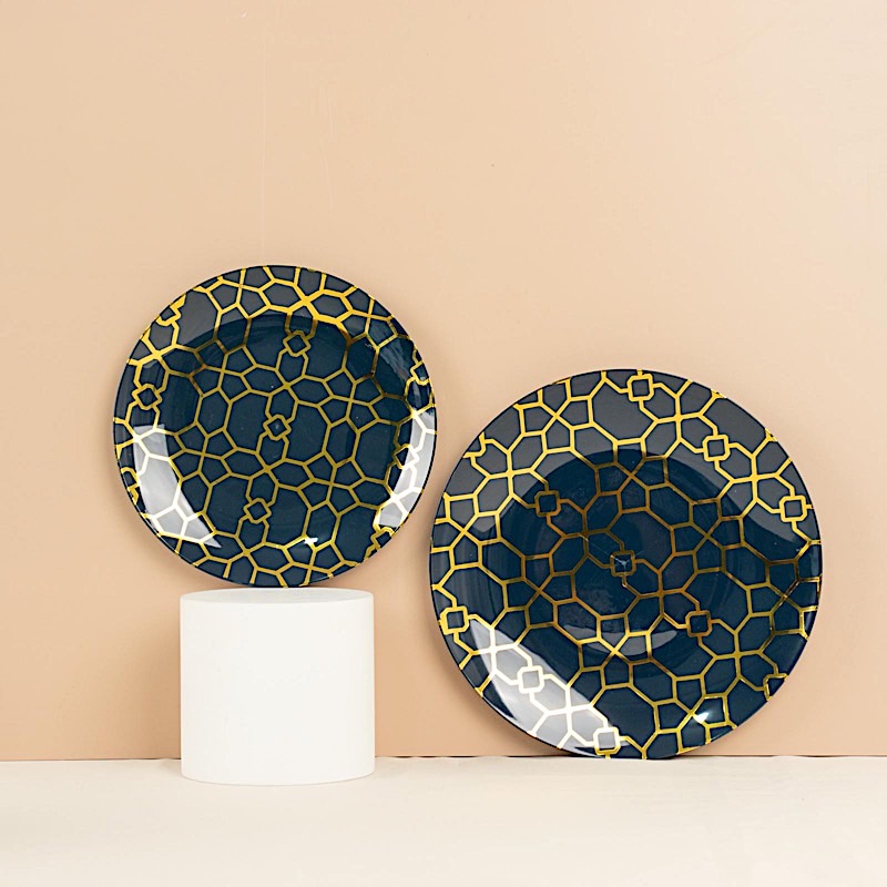 20 Round Disposable Salad Dinner Plastic PLATES Gold Geometric Design Events - Picture 15 of 26