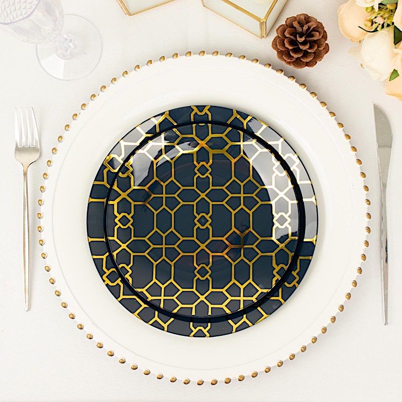 20 Round Disposable Salad Dinner Plastic PLATES Gold Geometric Design Events - Picture 16 of 26