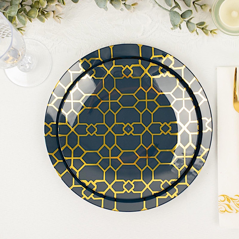 20 Round Disposable Salad Dinner Plastic PLATES Gold Geometric Design Events - Picture 11 of 26