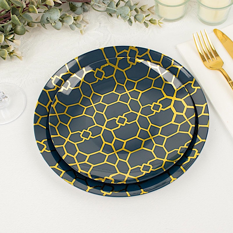 20 Round Disposable Salad Dinner Plastic PLATES Gold Geometric Design Events - Picture 17 of 26