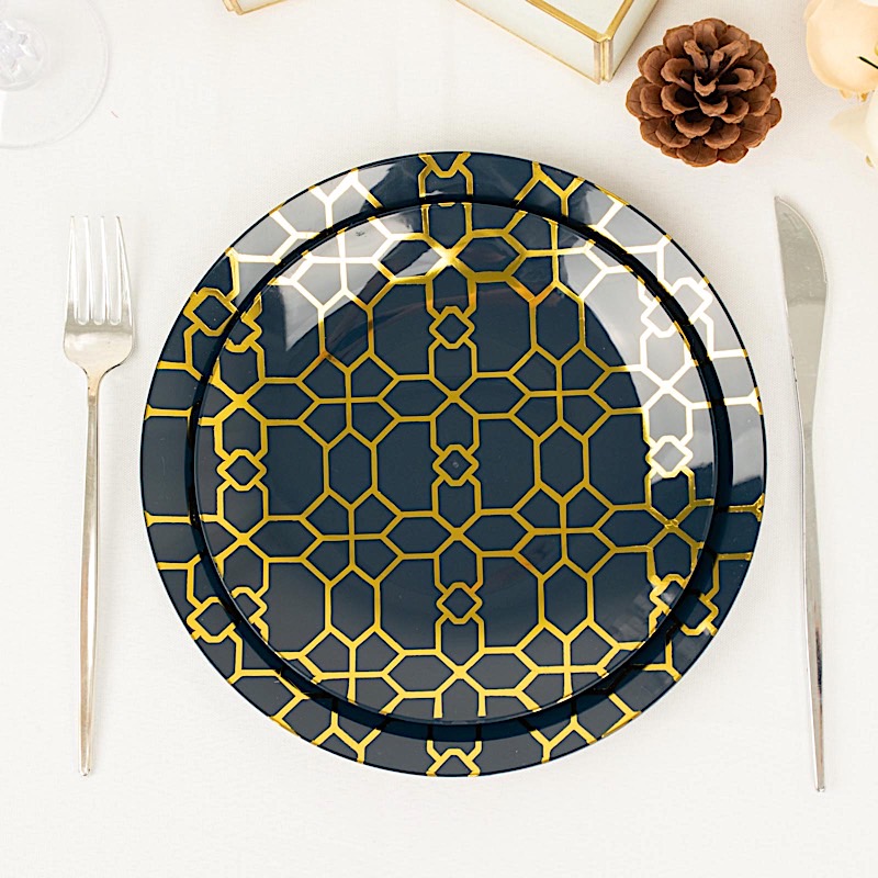 20 Round Disposable Salad Dinner Plastic PLATES Gold Geometric Design Events - Picture 18 of 26