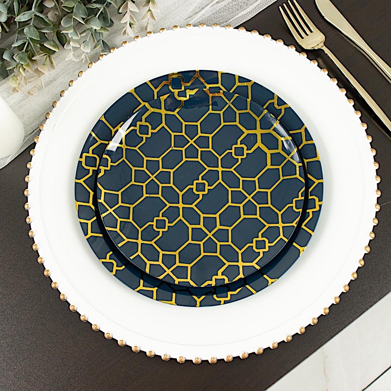 20 Round Disposable Salad Dinner Plastic PLATES Gold Geometric Design Events - Picture 13 of 26