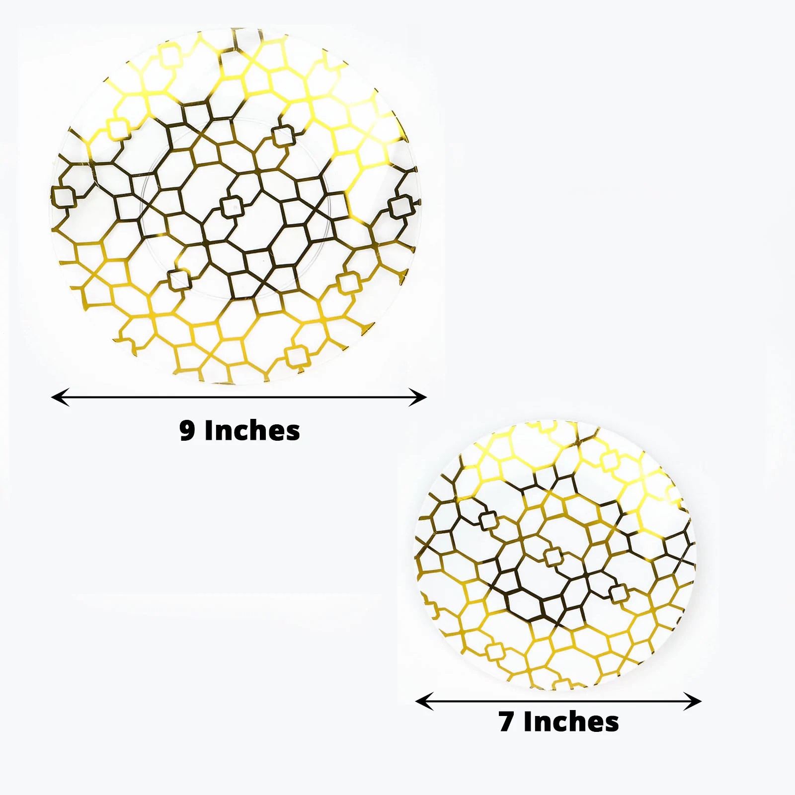 20 Round Disposable Salad Dinner Plastic PLATES Gold Geometric Design Events - Picture 20 of 26