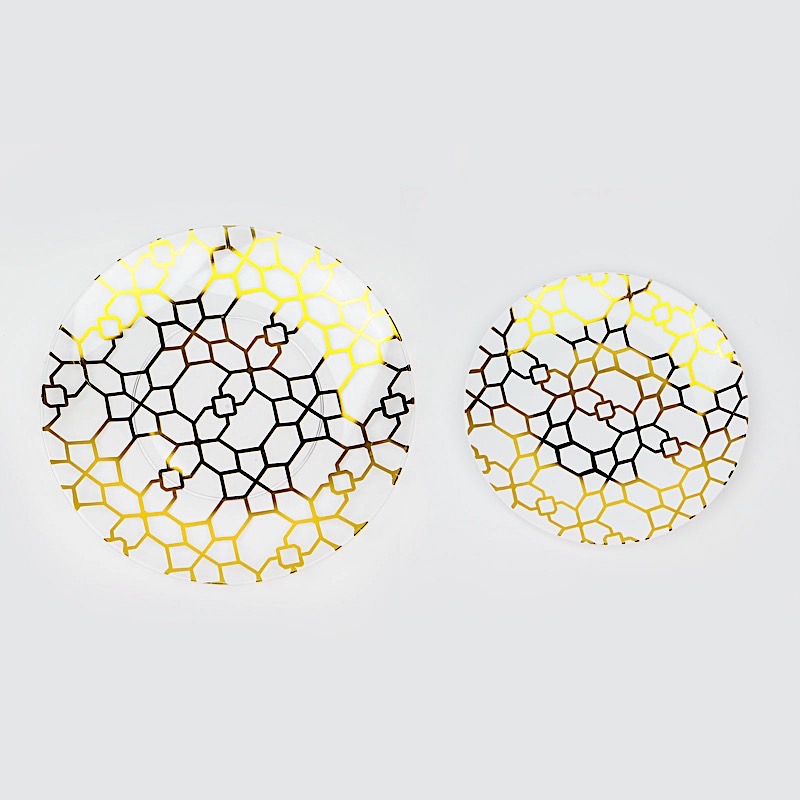 20 Round Disposable Salad Dinner Plastic PLATES Gold Geometric Design Events - Picture 22 of 26