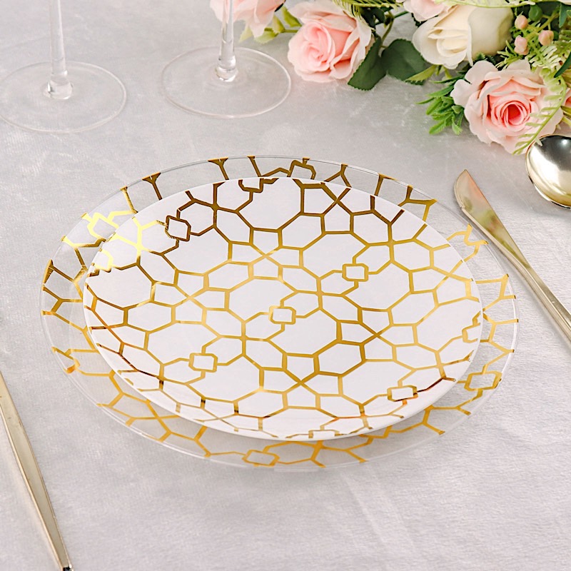 20 Round Disposable Salad Dinner Plastic PLATES Gold Geometric Design Events - Picture 24 of 26