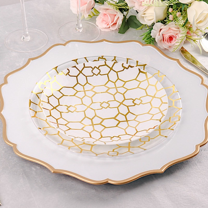 20 Round Disposable Salad Dinner Plastic PLATES Gold Geometric Design Events - Picture 25 of 26