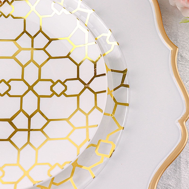 20 Round Disposable Salad Dinner Plastic PLATES Gold Geometric Design Events - Picture 26 of 26