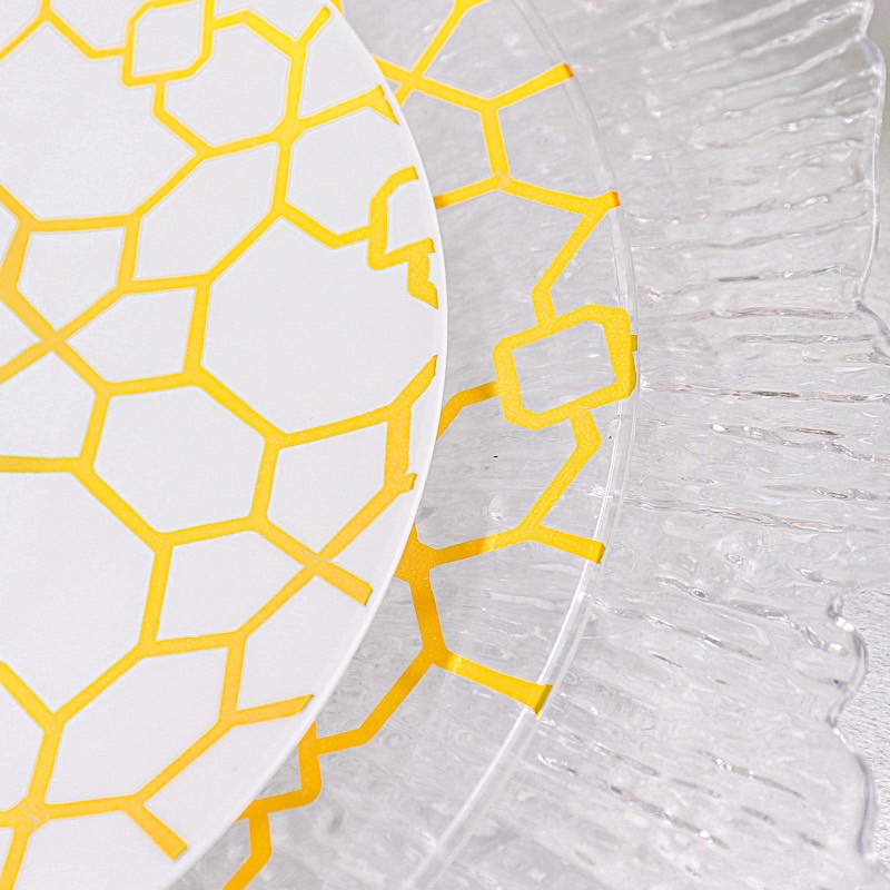20 Round Disposable Salad Dinner Plastic PLATES Gold Geometric Design Events - Picture 21 of 26