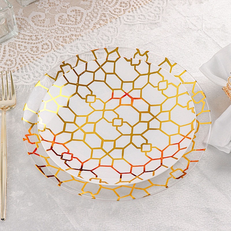 20 Round Disposable Salad Dinner Plastic PLATES Gold Geometric Design Events - Picture 19 of 26