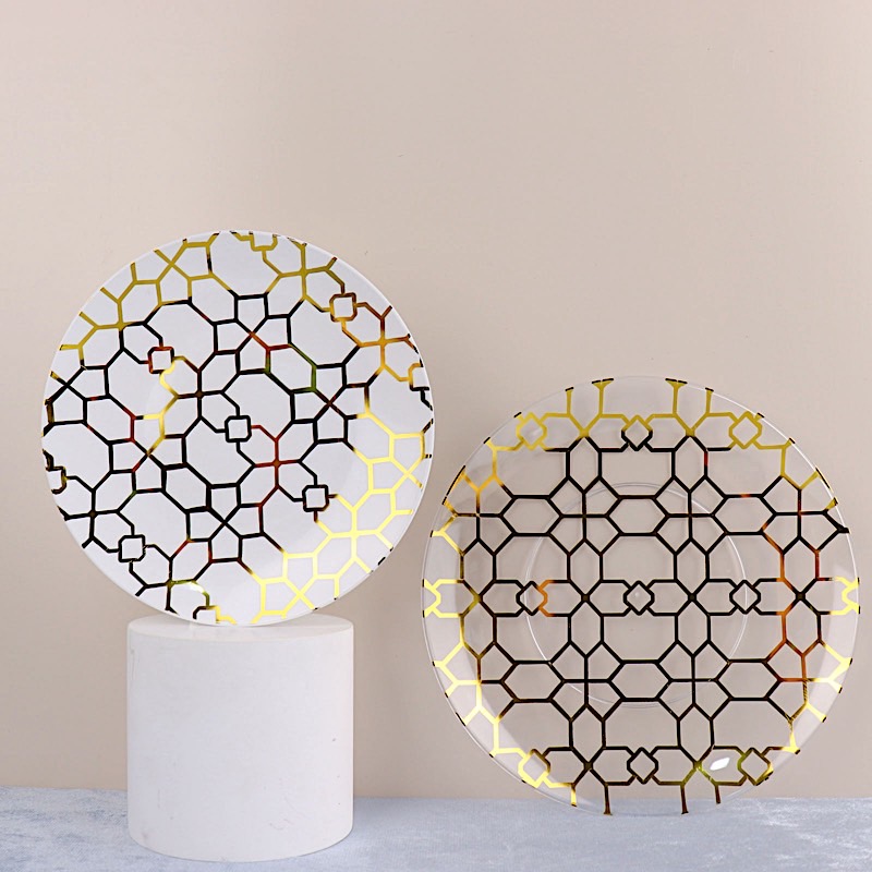 20 Round Disposable Salad Dinner Plastic PLATES Gold Geometric Design Events - Picture 23 of 26