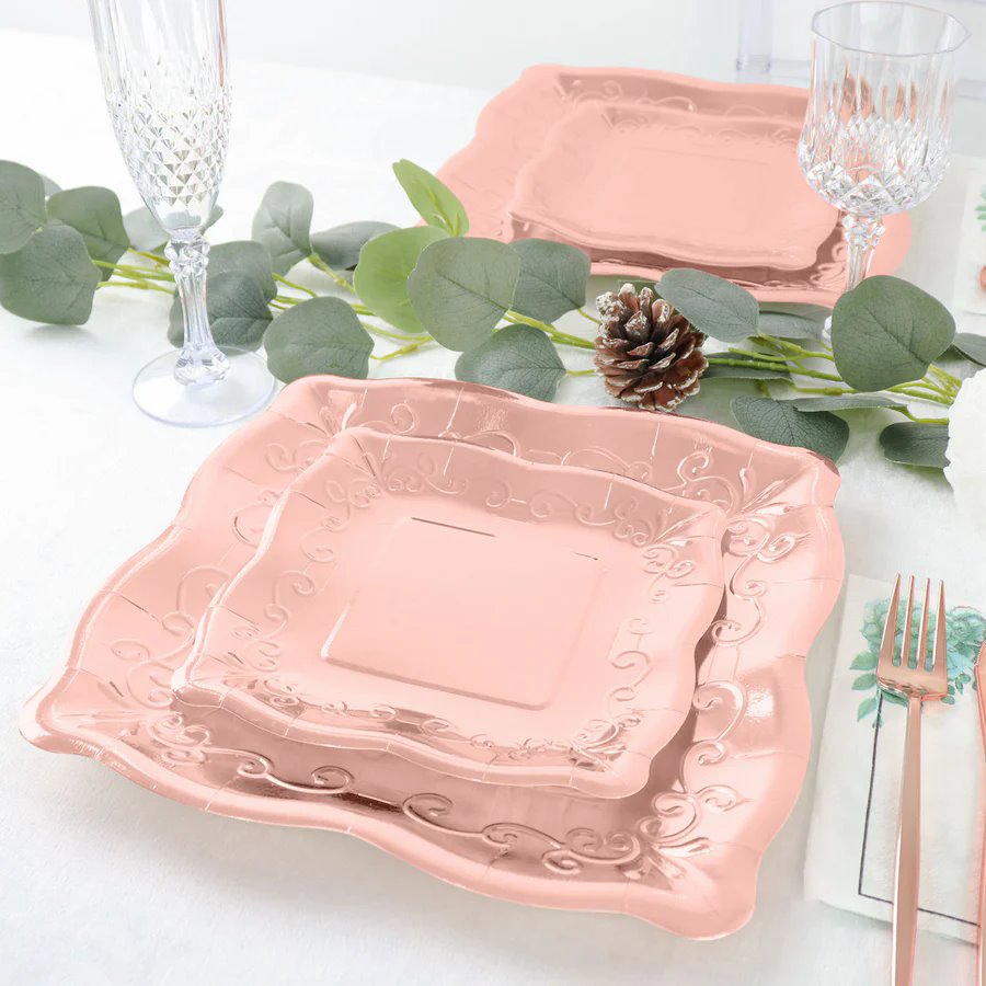 25 Square 7″ Disposable Dinner Dessert Paper PLATES Embossed Scroll Trim Party