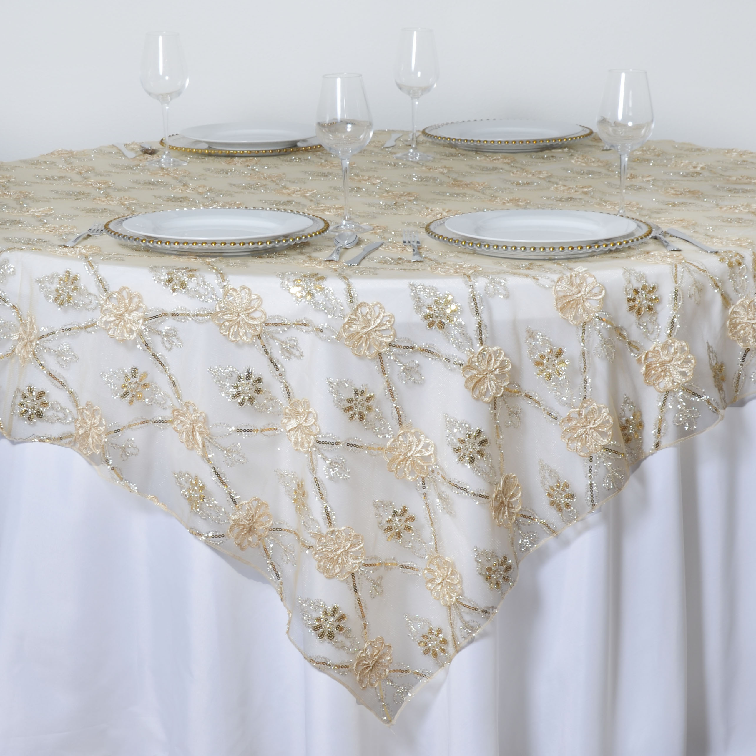72x72" Lace Netting Satin Flowers TABLE OVERLAY Designer Wedding Party Linens - Picture 3 of 5