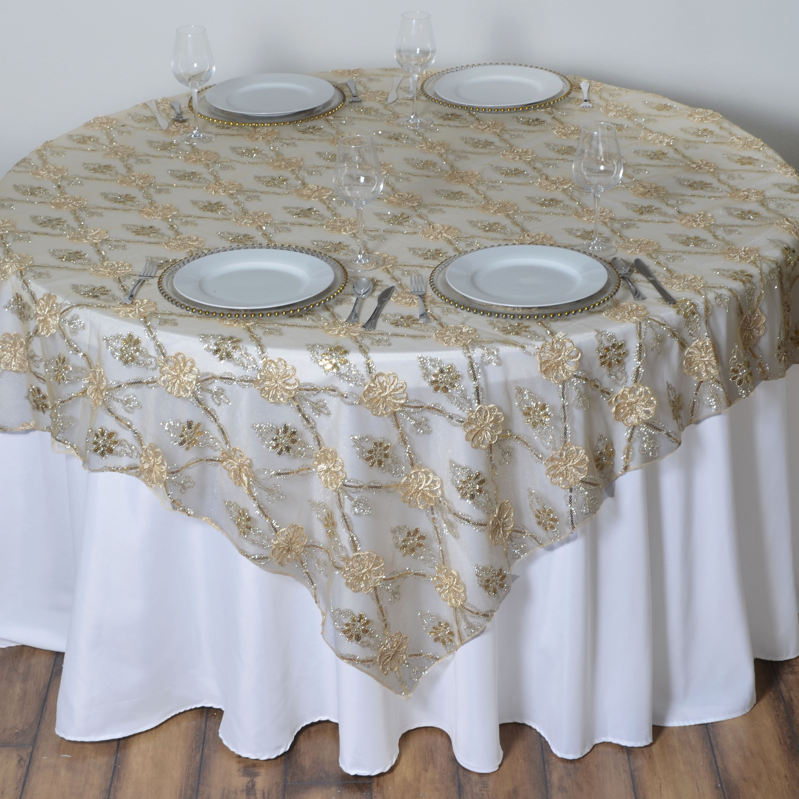 72x72" Lace Netting Satin Flowers TABLE OVERLAY Designer Wedding Party Linens - Picture 1 of 5