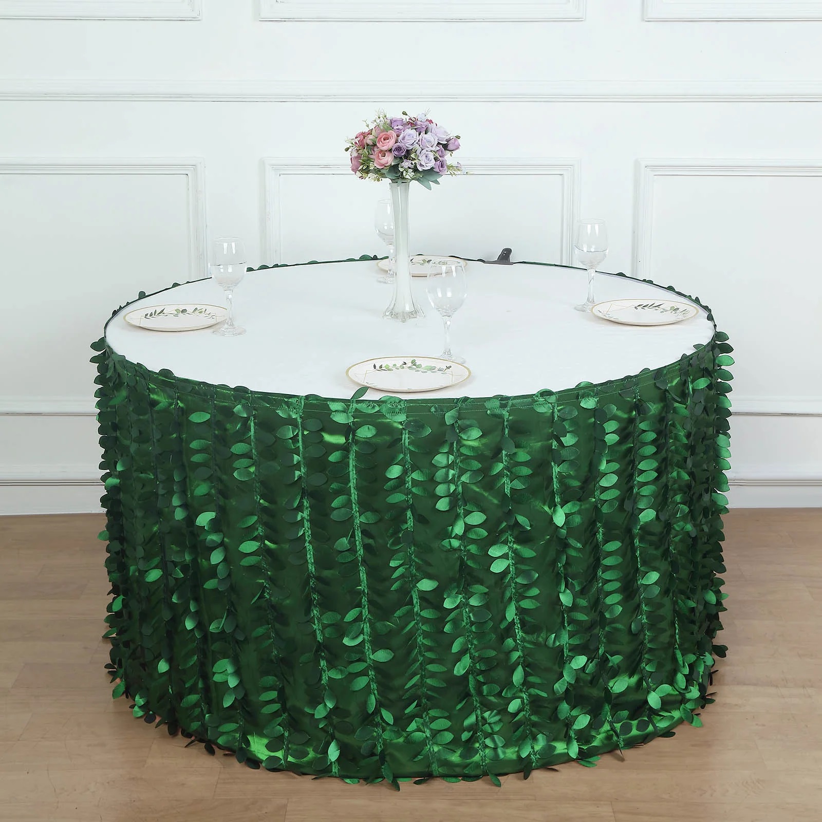 Green 17 feet Taffeta TABLE SKIRT Leaves Petals Design Party Events Decorations