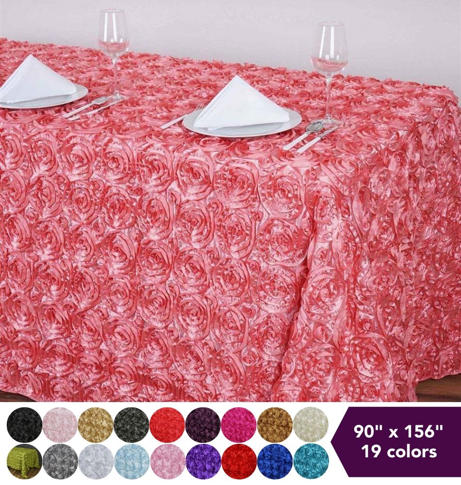 90x156" SATIN Ribbon Rosette Rectangle TABLECLOTH Designer Wedding Party Linens - Picture 1 of 50