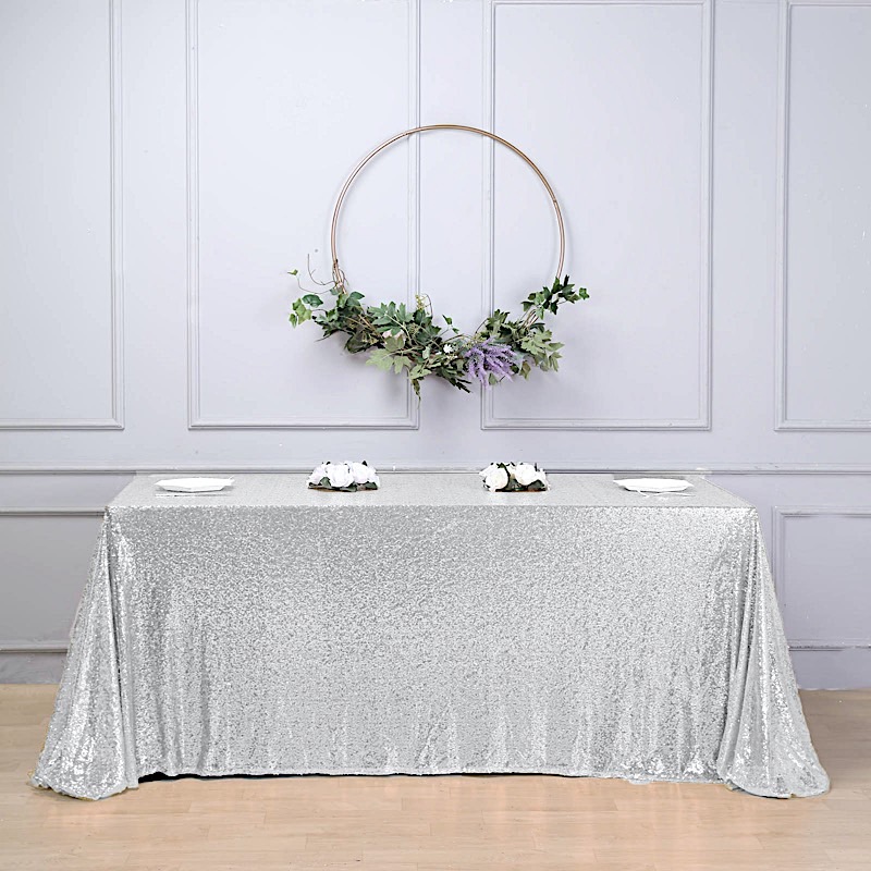 SILVER Sequined 90x156" RECTANGLE TABLECLOTH Designer Wedding Party Catering