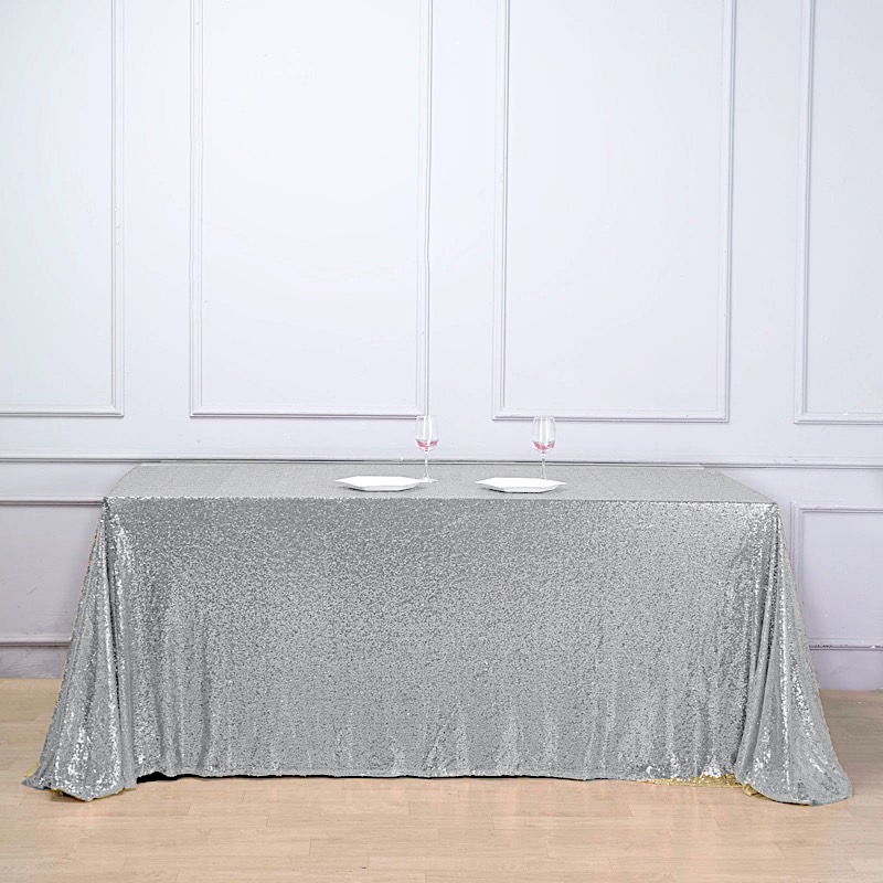 SILVER Sequined 90x156" RECTANGLE TABLECLOTH Designer Wedding Party Catering