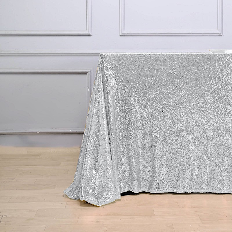 SILVER Sequined 90x156" RECTANGLE TABLECLOTH Designer Wedding Party Catering
