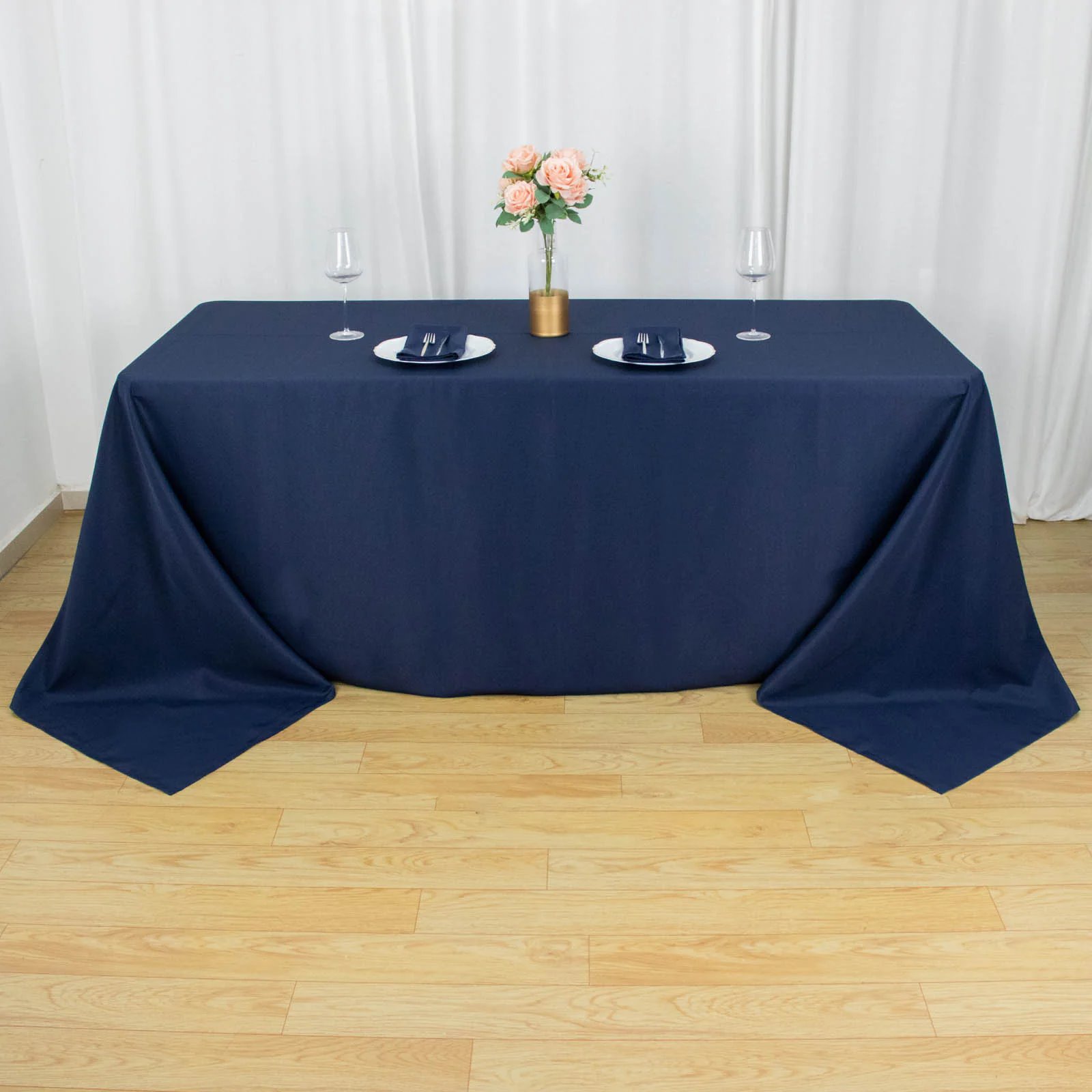 thumbnail image 2 of CraftsnFavors Navy Blue Polyester Tablecloth – 90x132 Rectangle, Wedding Party Linen 2 of 3