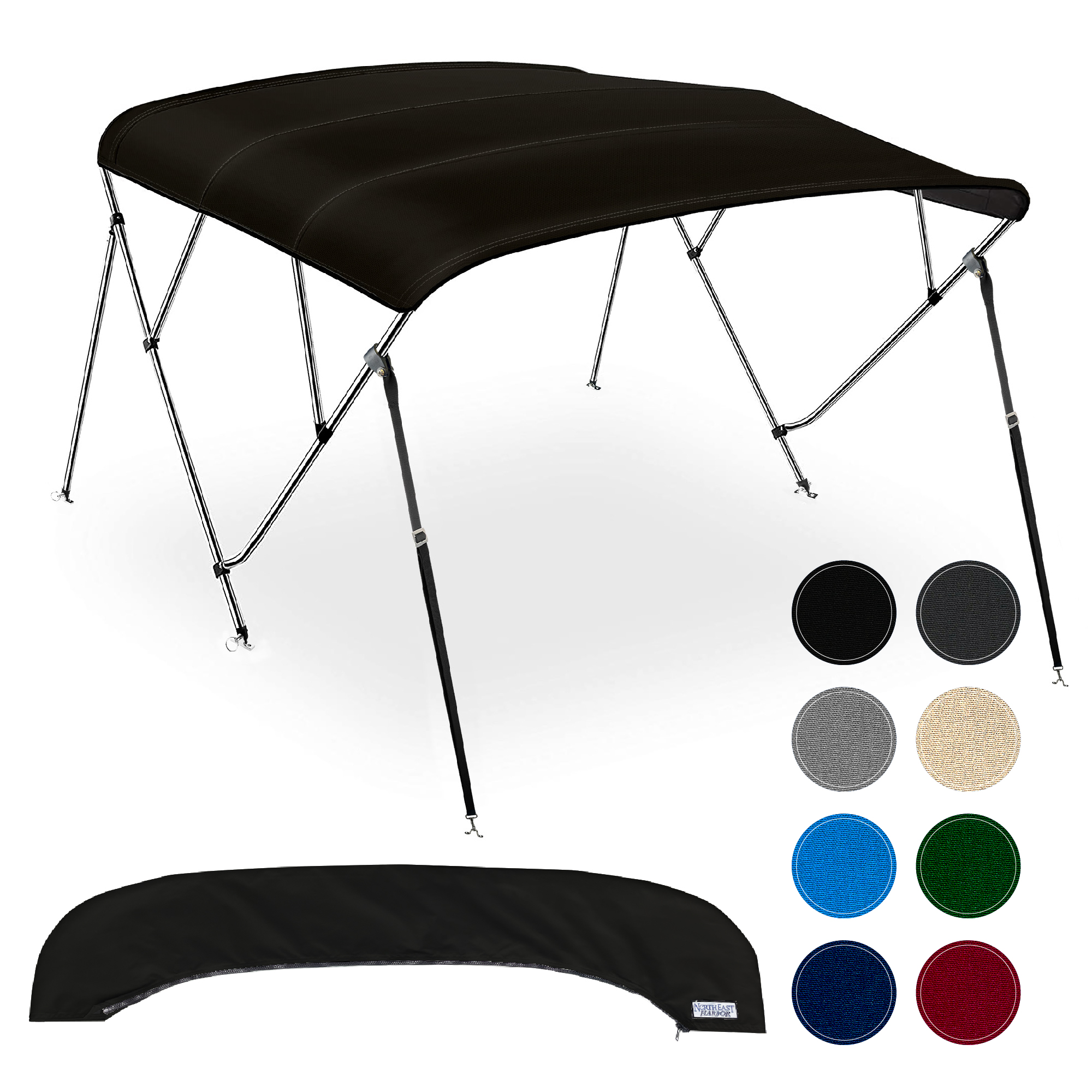 KNOX 3-Bow Bimini Top For Boats - Fadeproof 900D Marine Canvas With Storage Boot, Pacific Blue