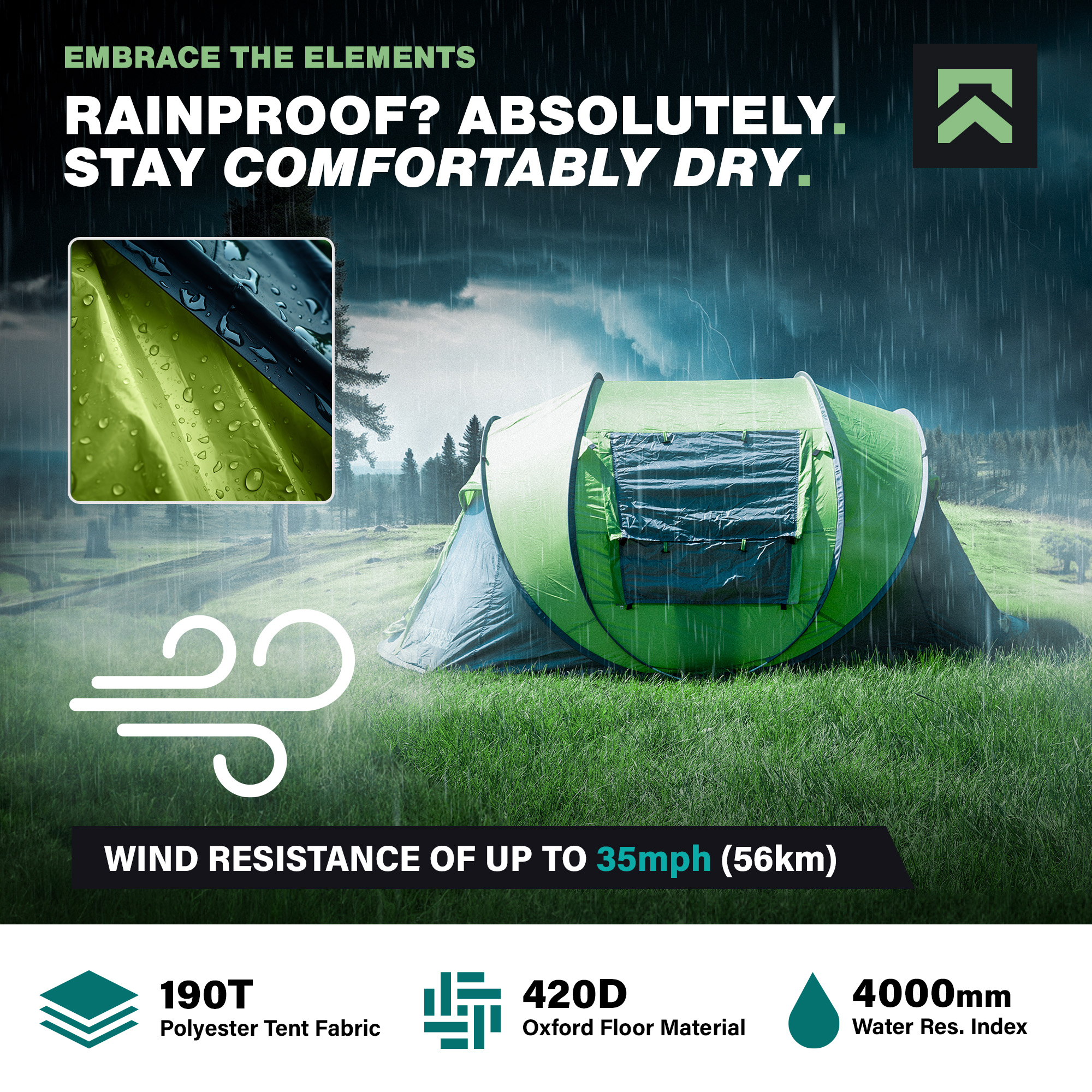 KNOX Pop Up Tent Water Resistant 4-Person Tent, Green, With