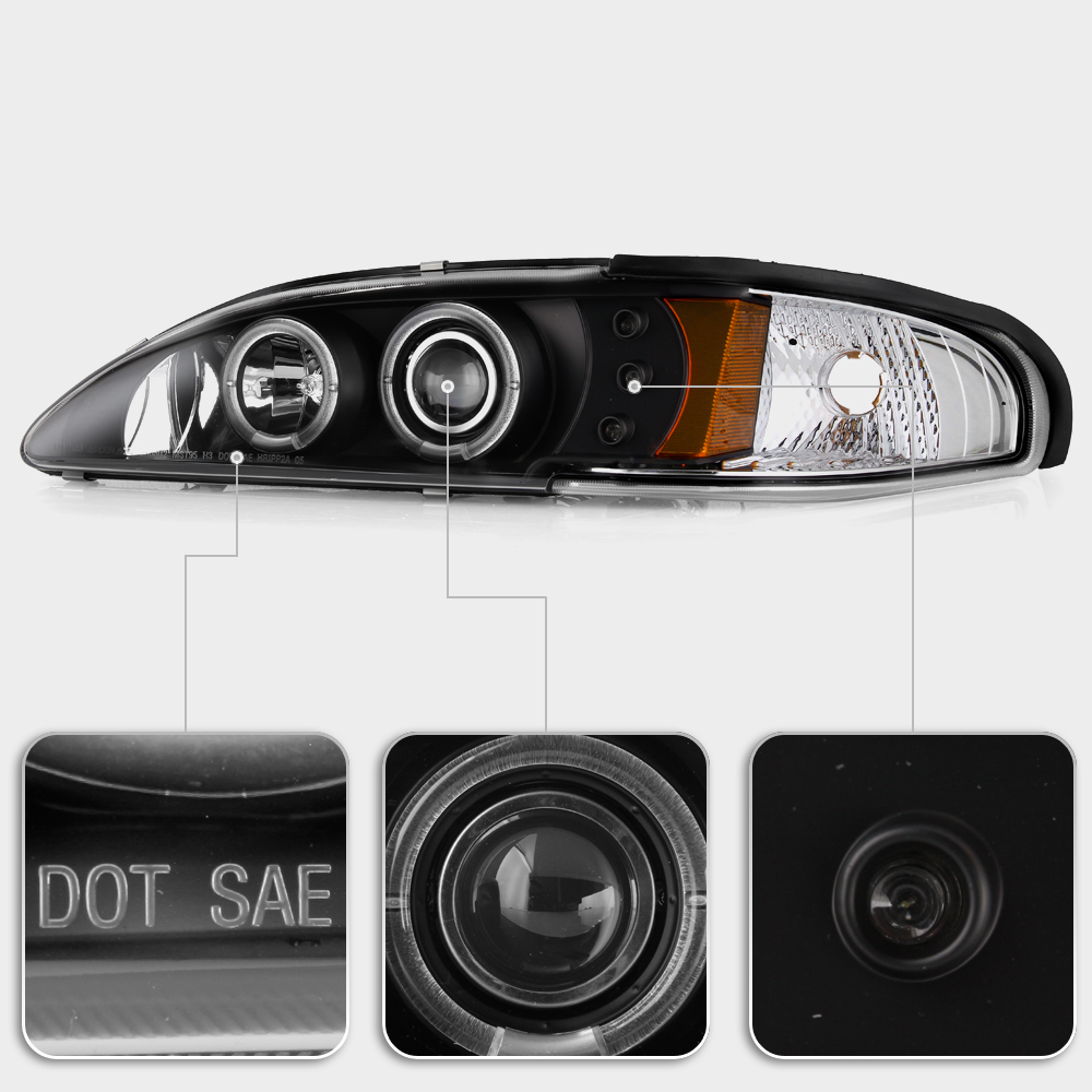 thumbnail image 2 of DTMOTO Dual Halo Projector Headlights For 1994-1998 Ford Mustang – Black Housing, Clear Lens, LED Halos, Bulbs Included 2 of 5