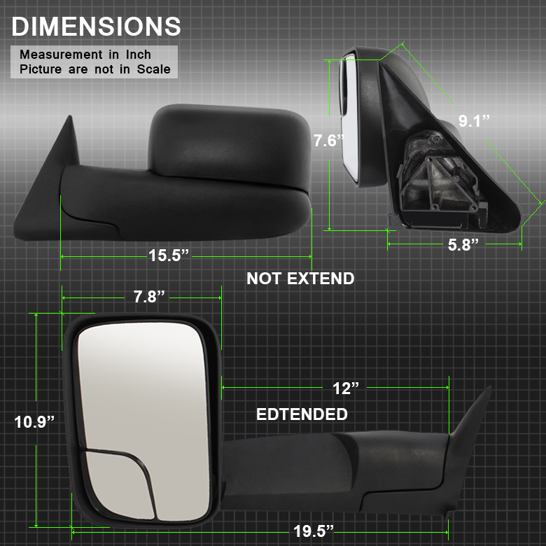 Manual Towing Mirrors For Dodge Ram Pair Of Manual Towing Mirrors For 94-01 Dodge Ram 1500, 94-02 Ram 2500/3500 - Black Manual Flip-Up Mirrors (Left & Right) Black Tow Mirrors 94-02 Ram