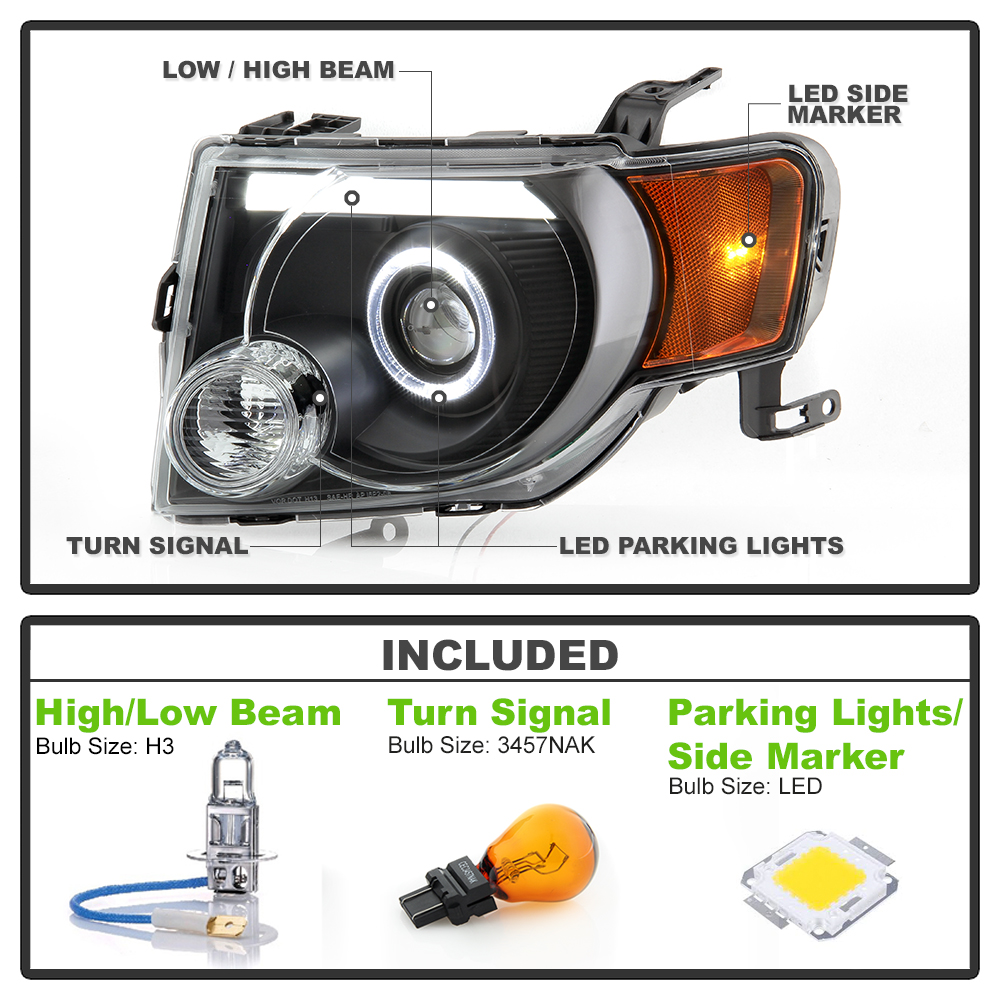 20082012 Ford Escape SUV Black LED Tube Halo Projector Headlights