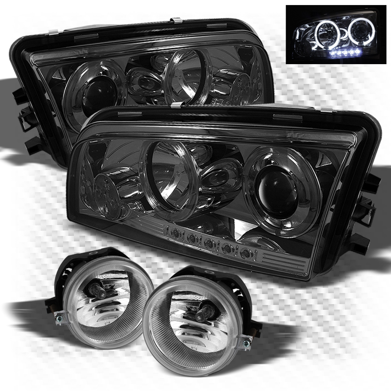 For Smoked 06-10 Dodge Charger Halo LED Projector Headlights+Fog Lights