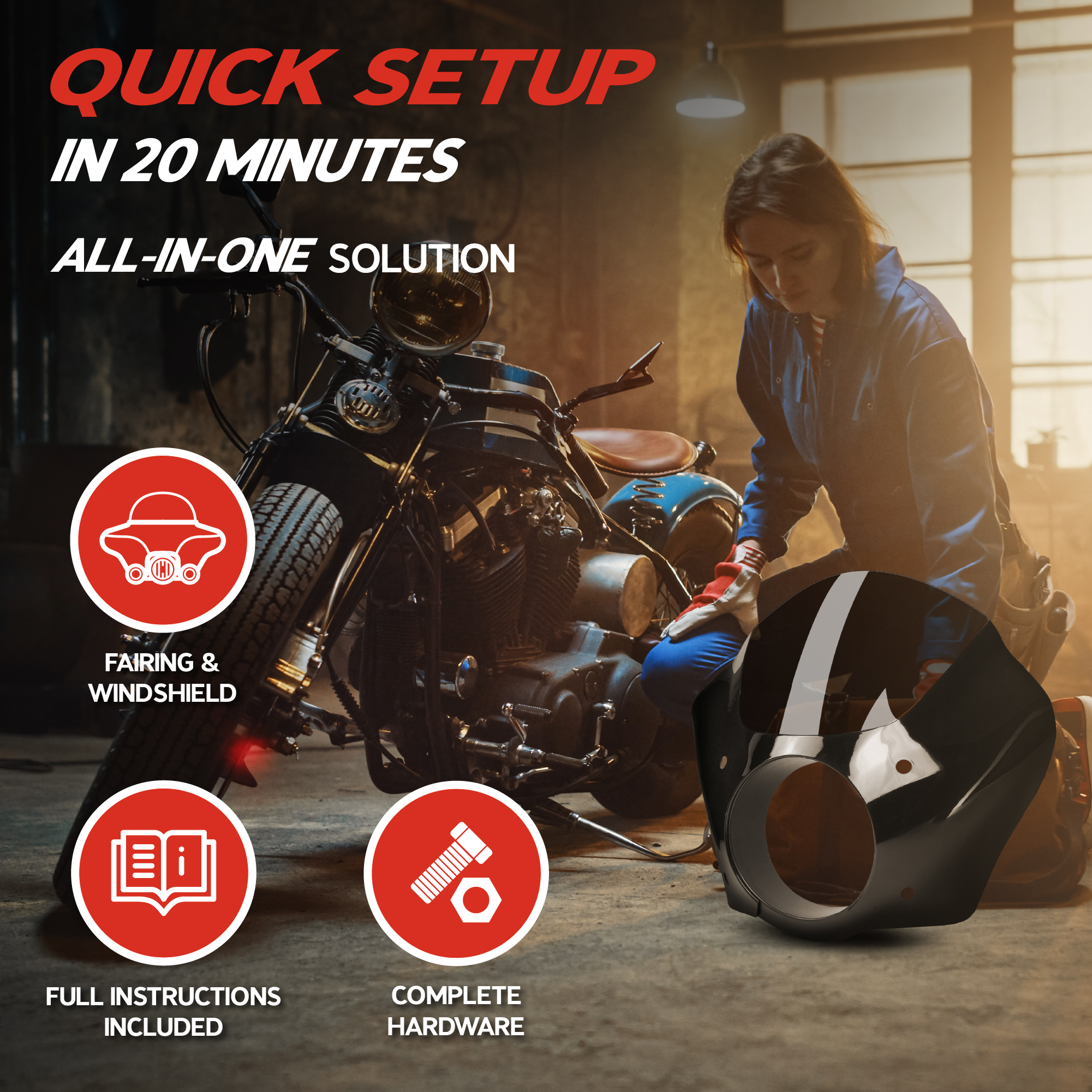 Krator Quarter Fairing Windshield Kit - Black & Smoke Fairing For Harley Sportster 883 1200