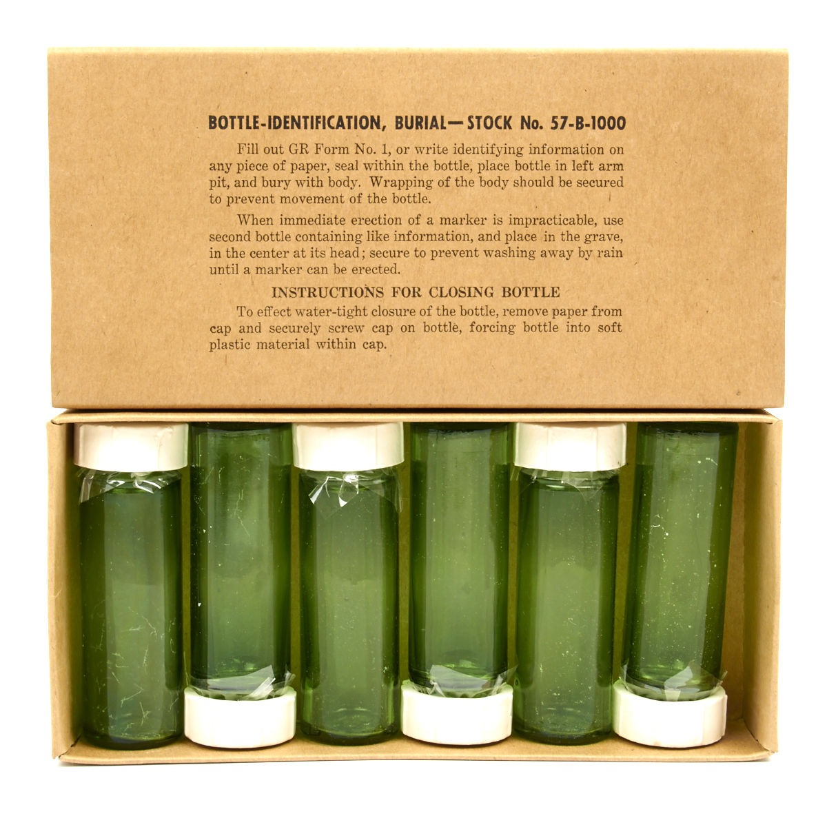 Original U.S. WWII Graves Registration Burial ID Bottle Set of 6 in Box