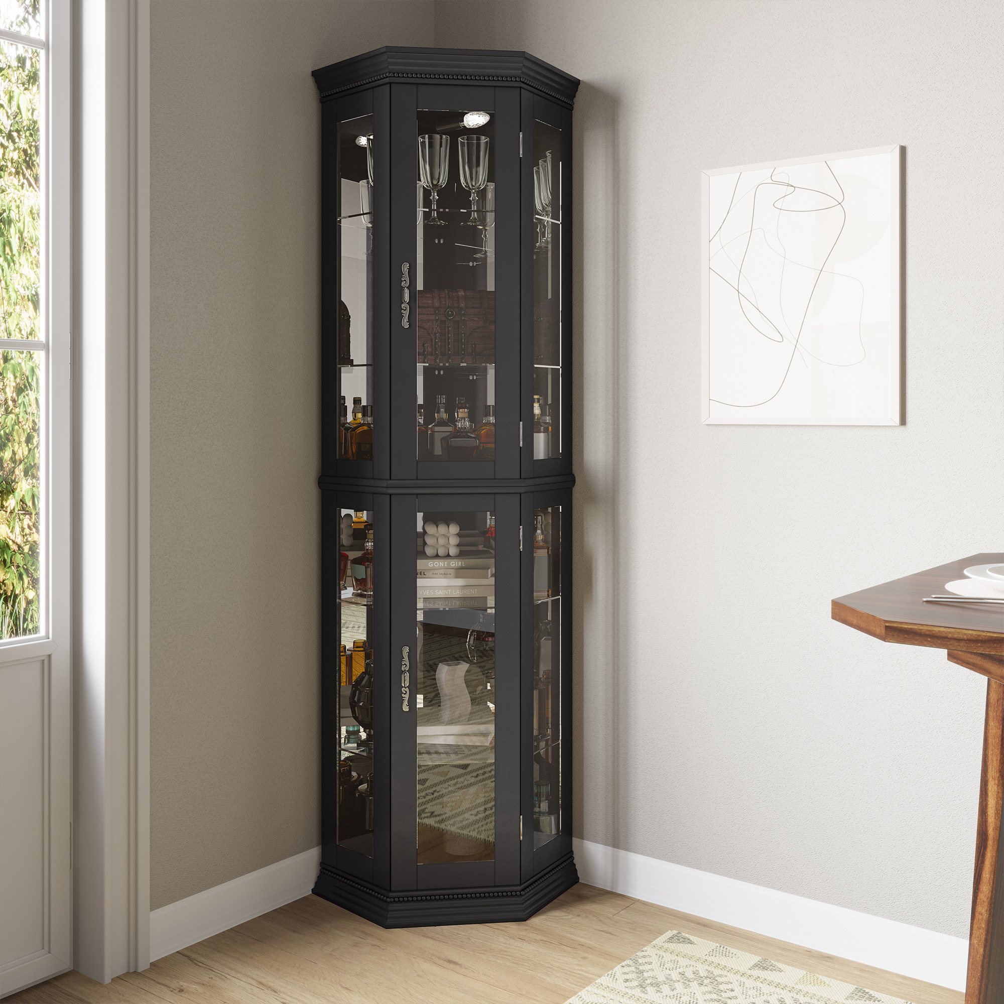 Lorona Floor Standing 5 Sided Lighted Corner Curio Cabinet - Picture 8 of 31