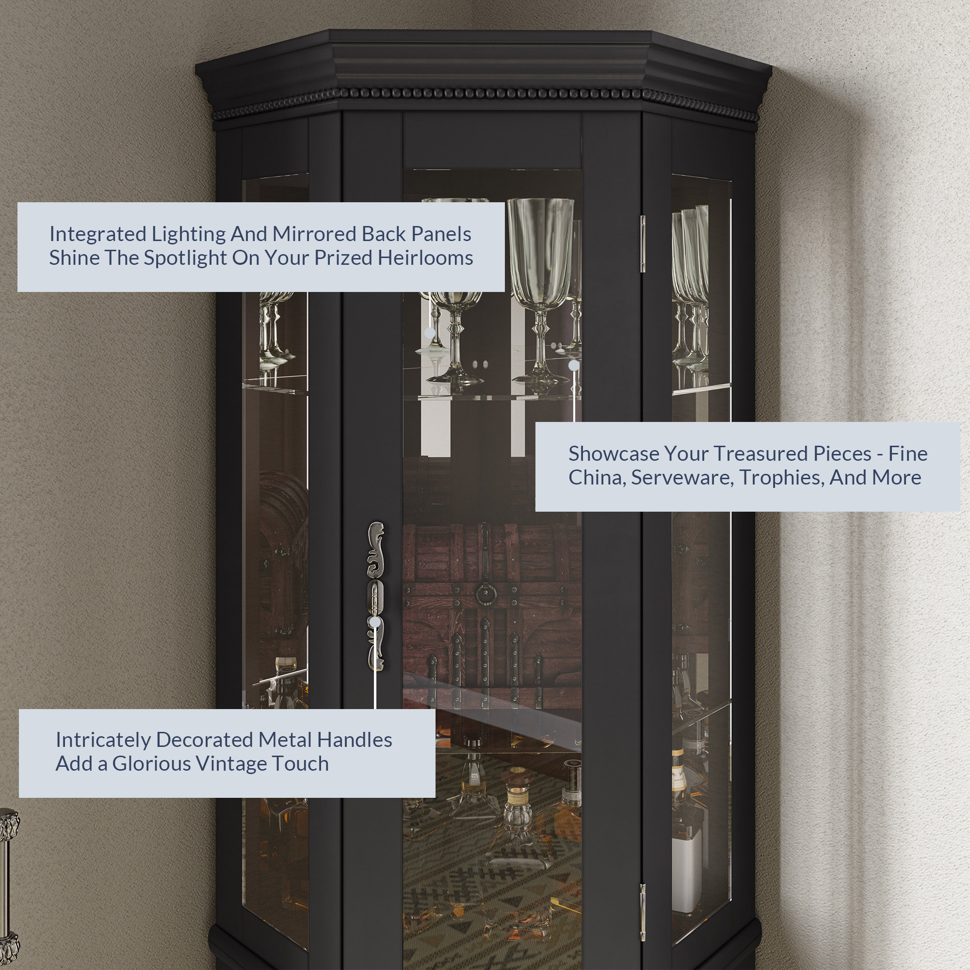 Lorona Floor Standing 5 Sided Lighted Corner Curio Cabinet - Picture 9 of 31