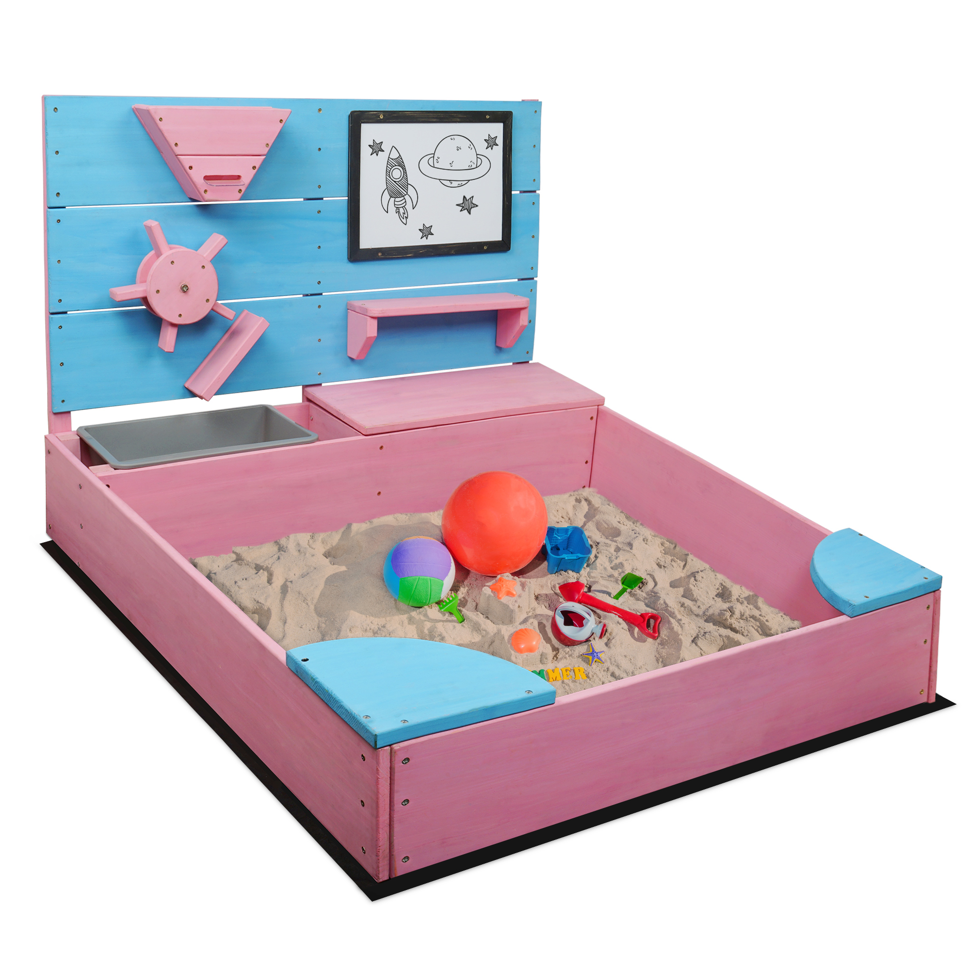Kids Wooden Sandbox Outdoor Sandpit for Backyard with Cover (Pink)