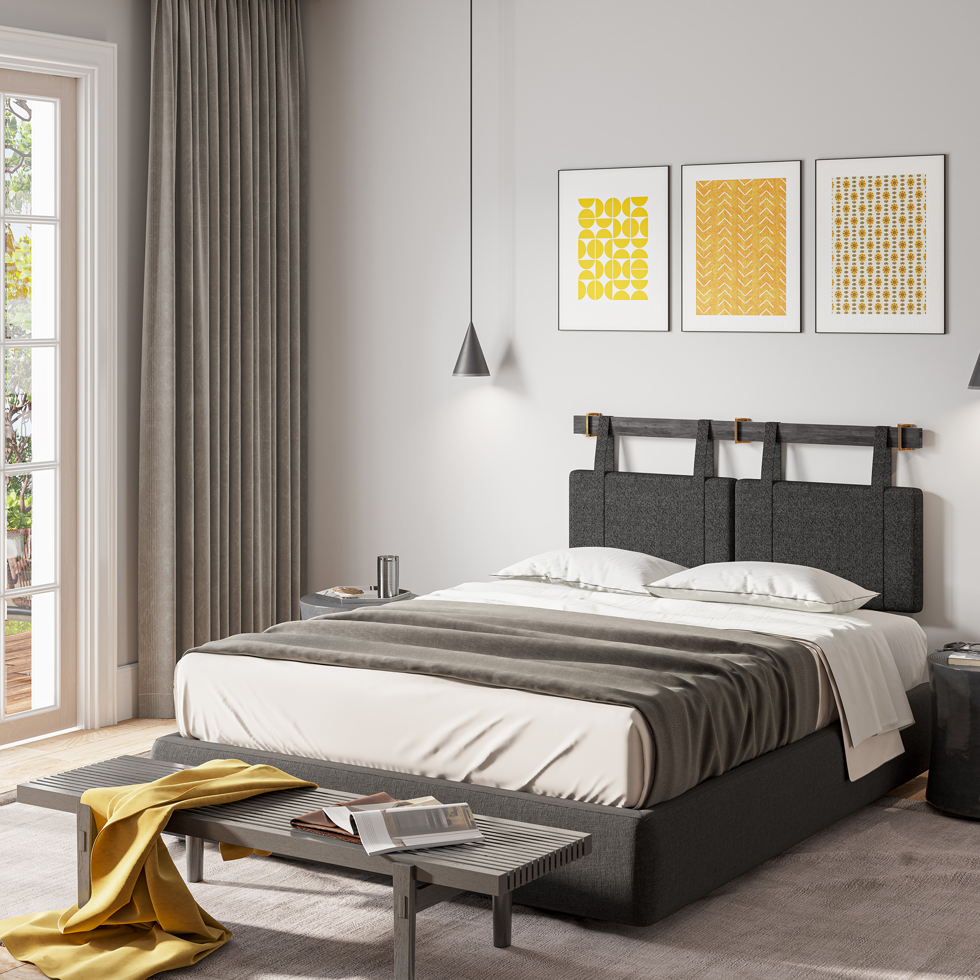 Wall Mounted Linen Padded Headboard for Queen Size Bed with Hooks - Picture 14 of 23