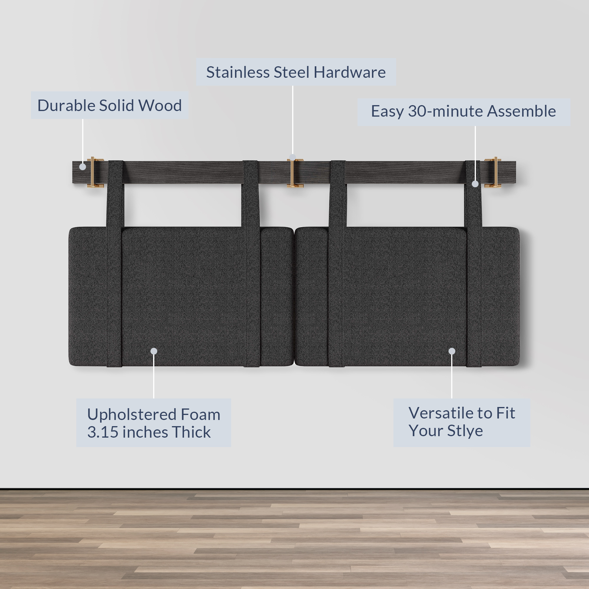 Wall Mounted Linen Padded Headboard for Queen Size Bed with Hooks - Picture 12 of 23