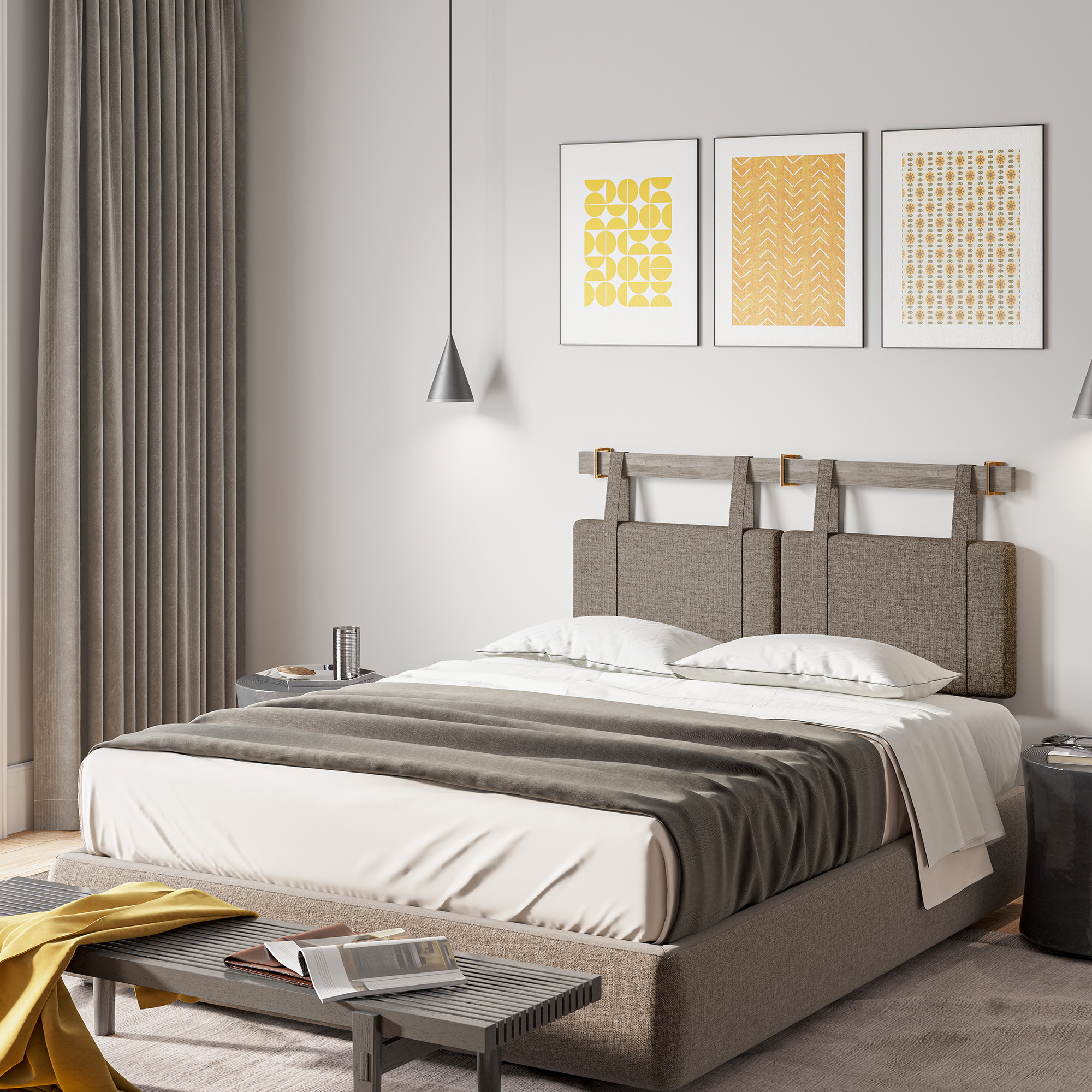 Wall Mounted Linen Padded Headboard for Queen Size Bed with Hooks - Picture 22 of 23