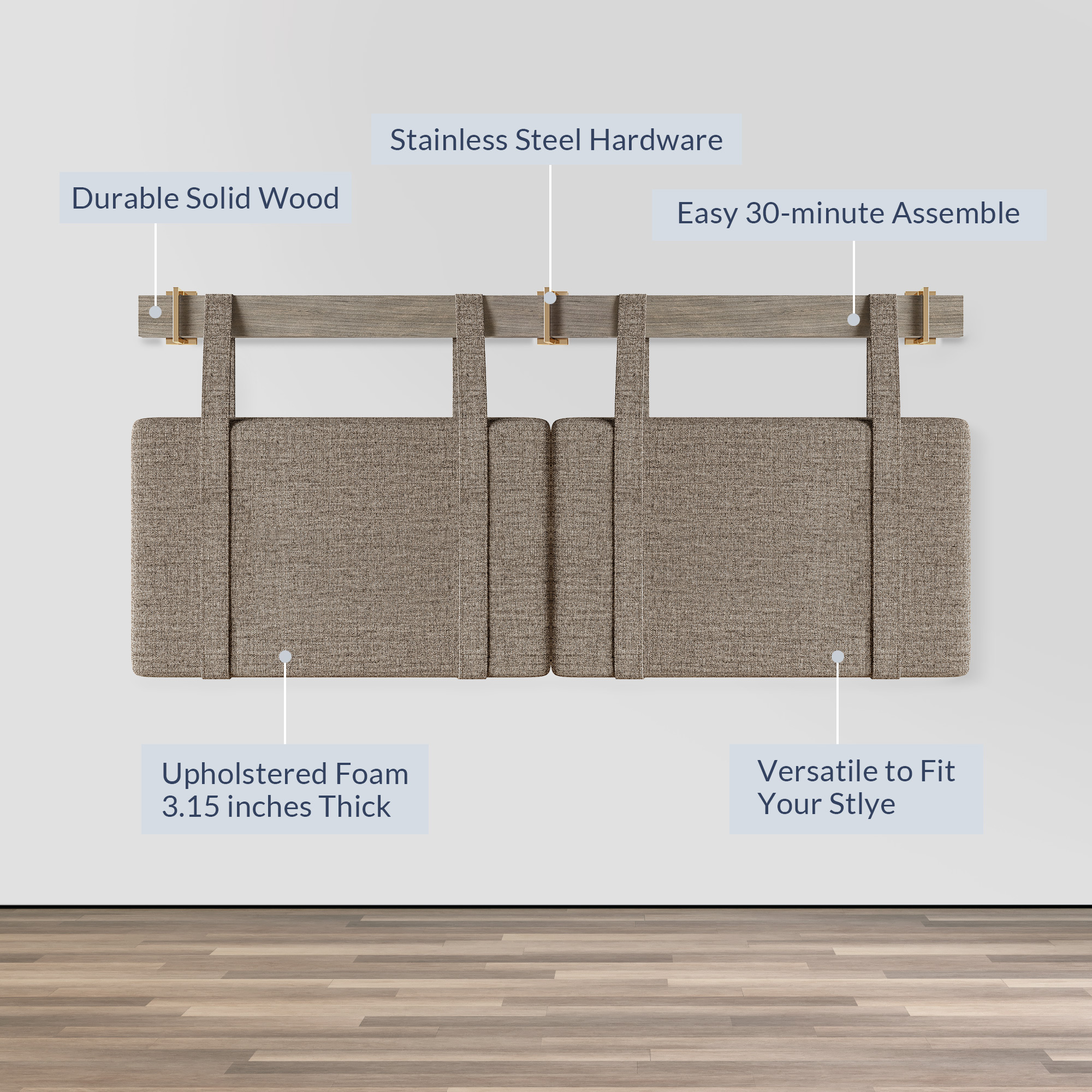 Wall Mounted Linen Padded Headboard for Queen Size Bed with Hooks - Picture 21 of 23